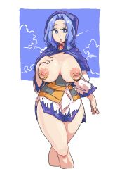 1girls areola areolae blue_eyes blue_hair breasts broach female hair_ribbon hood hood_up ichirin_kumoi kesa large_areolae large_breasts leebongchun nipple_piercing nipple_rings nipples solo touhou