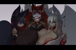 3girls artist_request cleavage fox_ears fox_girl fox_tail heterochromia hyper_breasts kemonomimi kiri_(sub-res) kitsune large_areolae large_breasts mask miruru_(miruruhime) multiple_girls