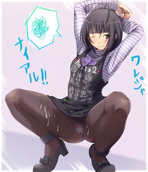 ^o^ antenna_hair arms_up black_hair blush brown_eyes cum cum_on_body cum_on_clothes cum_on_lower_body cum_on_thigh cum_on_thighs dress honihoni honis legs long_hair one_eye_closed original panties panties_under_pantyhose pantyhose sayori_(character) shoes skirt_lift solo spread_legs squat squatting straight_hair striped underwear wink