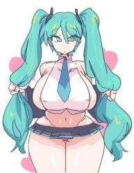 1girls areola_slip areolae bangs blue_hair blue_tie breasts choker collared_shirt crop_top detached_sleeves female hair_between_eyes hair_grab hatsune_miku heart heart-shaped_pupils hearts holding_hair large_breasts leebongchun long_hair microskirt midriff navel nipple_slip nipples pink_pussy plump plump_thighs shoulderless_shirt sideboob sideless_shirt sidelocks solo thick_thighs thigh_gap thighs tie tied_hair twintails vocaloid