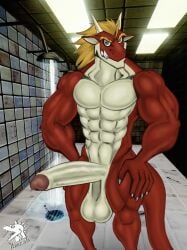 anthro balls big_penis blonde_hair delga dragon genitals hair hi_res looking_at_viewer male muscular muscular_male mythological_creature mythological_scalie mythology nazuranoke nude penis scalie solo watermark