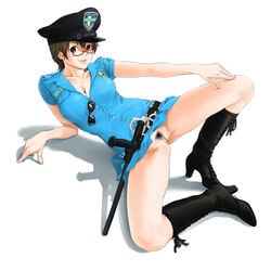 boots breasts censored cleavage cuffs eyewear_removed female female_only glasses half_rim_glasses handcuffs hat human human_only k-on! kaminagi_loop legs naughty_face no_panties nodoka_manabe_(k-on!) on_side police police_uniform pubic_hair pussy red-framed_glasses semi-rimless_glasses short_hair skirt solo spread_legs sunglasses sunglasses_removed under-rim_glasses uniform