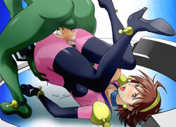 1boy 1girls 2009 argo_gulskii ass ass_grab backsack balls_outline blue_eyes blush bodysuit breasts brown_hair censored cheating choker clothed_sex cockpit color creampie cum cum_inside curvaceous earrings erection female female_focus g_gundam gloves gundam hairband high_heels highres human jewelry konkitto large_breasts latex latex_gloves legs legs_up light-skinned_female light_skin lying male mobile_trace_suit mosaic_censoring netorare on_back open_mouth partial_male penis penis_in_vagina pilot_suit pubic_hair rain_mikamura rape reverse_piledriver_position sex shoes short_hair straight tears thighhighs thighs torn_clothes vaginal_penetration veiny_penis