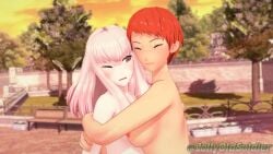 2girls 3d bangs bare_arms breasts completely_nude completely_nude_female cuddling female female_only fire_emblem fire_emblem:_three_houses grey_eyes hug jollyoldsoldier leonie_pinelli long_hair lysithea_von_ordelia medium_breasts multiple_girls nintendo nipples nude nude_female one_eye_closed open_mouth orange_hair outdoors pink_eyes pink_hair short_hair small_breasts smile sunset very_short_hair white_hair yuri