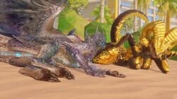 anthro anthro_on_anthro anthro_on_feral beach breasts capcom cunnilingus curling_tail dragon duo elder_dragon female female/female feral furromantic genitals hand_on_butt hi_res kulve_(furromantic) kulve_taroth licking licking_lips licking_own_lips looking_at_another looking_at_genitalia looking_at_partner lying lying_on_breasts monster_hunter mythological_creature mythological_scalie mythology nude on_front on_side oral outside paws pussy scalie sex tail tongue tongue_out vaginal_penetration velkhana void_dragon216 wings zoophilia