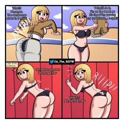 almost_naked ass attack_on_titan beach blonde_hair breasts comic embarrassed female historia_reiss imminent_nudity oz_the_freak page_1 ripped_clothing shingeki_no_kyojin spongebob_reference torn_panties underwear wardrobe_malfunction