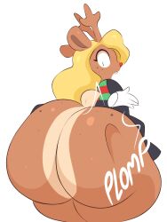 1girls anthro anthro_only antlers arizonathevixen ass ass_bigger_than_head ass_focus ass_slap blonde_hair bottom_heavy bottomless bottomless_female brown_body brown_fur bubble_butt clothed deltarune disembodied_hand dumptruck_ass fat_ass female female_only fur furry furry_only gigantic_ass hi_res huge_ass hyper_ass long_hair looking_back no_humans no_underwear noelle_holiday open_mouth rear_view red_nose reindeer simple_background solo_focus spanking standing thick_ass thick_thighs topwear underass white_background wide_hips