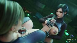 3d ada_wong big_breasts big_penis bodysuit breasts breasts_out female futanari gloves handjob jill_valentine open_bodysuit open_mouth penis resident_evil turtleneck_sweater yeetiques