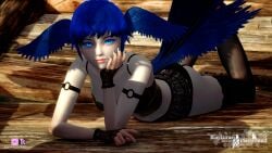 3d black_lingerie blue_eyes blue_hair final_fantasy_xiv harpy harpy_humanoid laying laying_on_stomach lingerie meteion riaykuras_playground square_enix wings_on_head