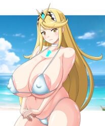 1girls beach bikini blonde_hair breasts female hi_res large_breasts light-skinned_female light_skin long_hair mythra nintendo outdoors s.forest thick_thighs wide_hips xenoblade_(series) xenoblade_chronicles_2 yellow_eyes