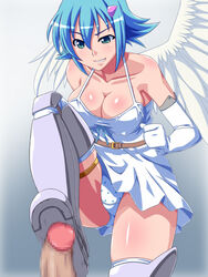 angel_wings asymmetrical_wings bare_shoulders blue_hair censored feet femdom footjob kuimono miniskirt nanael panties penis polka_dot polka_dot_panties pov queen's_blade shoejob short_hair skirt standing standing_footjob thighhighs underwear wings