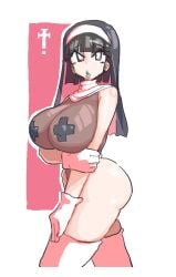 1girls black_hair black_lips black_lipstick bob_cut bodysuit breast_rest breasts cross crucifix female folded_arms gloves large_breasts leebongchun nun nun's_habit nun_outfit original original_character pasties short_hair solo taped_nipples thighhighs white_gloves white_thighhighs