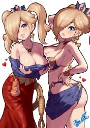 1girls ass blonde_hair blue_eyes breasts cleavage clothing cosplay crossover dancer_outfit dragon_quest dragon_quest_viii female female_only hair_over_one_eye harem_outfit jessica_albert looking_at_viewer mario_(series) multiple_views platinum_blonde_hair princess_rosalina smile solo solo_female solo_focus standing super_mario_galaxy twintails yamino_ekakinin