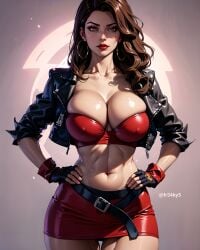 1girls ai_generated belt big_breasts blaze_fielding breasts brown_eyes brown_hair cleavage covered_nipples dark-skinned_female earrings female fr34ky gloves hand_on_hip jacket large_breasts long_hair looking_at_viewer navel skirt solo streets_of_rage thick_thighs