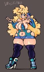 areolae barely_clothed barely_covered blonde_hair blue_lipstick clothed dress high_heels huge_breasts lemonadepikachu lipstick loretta_(lemonadepikachu) milf mother nipples no_panties peace_sign phone pussy thick_thighs thigh_highs wide_hips wolflance