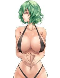 areola_slip bikini black_bikini breasts cleavage eyebrows female fingers_together green_hair hair_between_eyes highleg highleg_bikini huge_breasts kazami_yuuka lips looking_at_viewer mature_female milf own_hands_together parted_lips profile red_eyes shiny_skin short_hair simple_background solo swimsuit touhou yuka_kazami