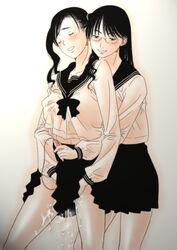 2girls black_hair blush female glasses gusu long_hair monochrome multiple_girls mutual_yuri original pink pussy_juice school_uniform skirt straight_hair vibrator yuri