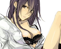 black_hair bra bra_pull breasts clothing color female female_only lingerie long_hair maka_(morfine) nipples off_shoulder open_clothes open_shirt original purple_eyes purple_hair rule_63 shirt sketch solo straight_hair tales_of_(series) tales_of_vesperia underwear yuri_lowell