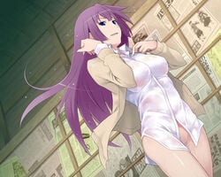 1girls bakemonogatari bottomless breasts dress_shirt female impossible_clothes impossible_clothing impossible_shirt long_hair maruto maruto! monogatari_(series) newspaper no_panties pubic_hair purple_hair senjougahara_hitagi shirt solo wallpaper wet