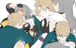 1boy absurdres aventurine_(honkai:_star_rail) biting black_gloves blonde_hair blush breasts closed_eyes couple dal-gi female gay_with_woman gloves grabbing grabbing_another's_breast grey_hair guided_breast_grab guiding_hand hand_up highres honkai:_star_rail honkai_(series) medium_breasts medium_hair nipple_biting nipple_stimulation nipples shirt short_hair simple_background stelle_(honkai:_star_rail) straight sweat white_background white_shirt