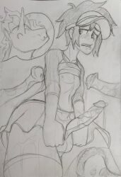 crossdressing erect erect_penis femboy freako male_only monochrome nate_(pokemon) penis pokemon pokephilia rosa_(pokemon)_(cosplay) sketch skirt testicles thighhighs traditional_media_(artwork)