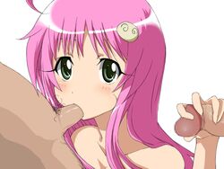 blush censored cheek_bulge cheek_poke fellatio female green_eyes group_sex handjob lala_satalin_deviluke long_hair male multiple_penises oral peke penis pink_hair shounen_jump ta_(tama20150125) to_love-ru