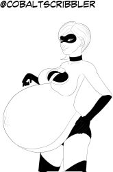 belly big_belly cobaltscribbler disney disproportional domino_mask elastigirl female hand_on_hip helen_parr hyper_belly mature_female milf mother pixar pregnant skintight t1girls the_incredibles white_background