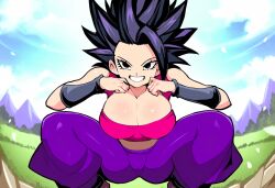 ai_generated alien black_eyes black_hair cameltoe caulifla dragon_ball dragon_ball_super female grin large_breasts looking_at_viewer mullon novelai saiyan squatting universe_6/universe_7 universe_6_girls