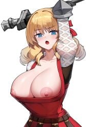 absurdres arm_up blonde_hair blue_eyes blush breasts collarbone dishui_tangni dress drill_hair female hair_intakes highres holding holding_staff holding_weapon large_breasts long_hair looking_at_viewer nipple_slip nipples open_mouth puffy_nipples red_dress scarlett_(unicorn_overlord) shiny_skin solo staff unicorn_overlord upper_body weapon white_background