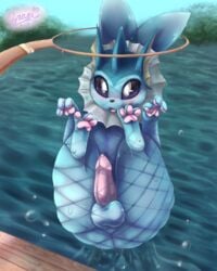 balls blush eeveelution erection fishing furry furry_only male male_vaporeon net nintendo no_humans penis pokémon_(species) pokemon vaporeon video_games water zraxi