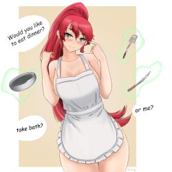 1girls apron apron_only aximily bangs big_breasts blush english english_text female female_only green_eyes high_ponytail long_hair looking_at_viewer naked_apron ponytail pov pyrrha_nikos red_hair rwby seductive seductive_eyes seductive_gaze seductive_look seductive_pose seductive_smile sidelocks solo solo_female speech_bubble text