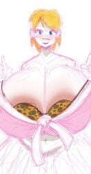 aphroditziac areola_slip bare_shoulders blonde_hair blue_eyes blush breasts_bigger_than_head clavicle front-tie_top gigantic_breasts gyaru huge_breasts leopard_print_bikini lipstick navel original_character peace_sign pink_shirt pleated_skirt short_hair simple_coloring simple_shading sketch small_bikini strapless tagme tied_shirt wanda_von_hoffmann white_background wide_hips