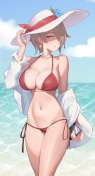 1girls beach bikini blue_sky breasts brown_hair cleavage cloud collarbone day derivative_work flower hair_over_one_eye hat hat_flower highres holding honkai_(series) honkai_impact_3rd large_breasts looking_at_viewer mole mole_under_eye navel ocean off_shoulder outdoors red_bikini rita_rossweisse ruo_zhishi_chu_jian short_hair sky solo standing stomach sun_hat swimsuit