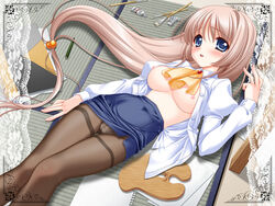 blue_eyes blush books breasts canvas_(series) canvas_3 chigusa_nanami invitation large_breasts long_hair lying no_bra open_clothes open_shirt paintbrush panties pantyhose shirt skirt smile underwear