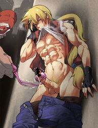 abs bound_penis censored erection fatal_fury fingerless_gloves human king_of_fighters long_hair male male_only mouth_hold multiple_males muscle muscles open_clothes open_shirt pants_down penis penis_vibrator ponytail pubic_hair shirt shirt_lift snk terry_bogard tied_hair undressing vibrator vibrator_on_penis yaoi