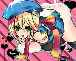 1girls akira_kichi arms_behind arms_behind_back ass beret blazblue blonde_hair breasts cum cum_on_ass cum_on_body cum_on_clothes cum_on_lower_body female green_eyes happy hat looking_at_viewer lying necktie nipples noel_vermillion short_hair solo thighhighs