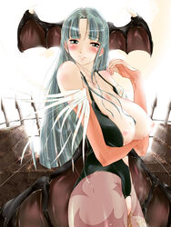 blush breasts clothing darkstalkers large_breasts morihama_karute morihama_no_shindansho morrigan_aensland peeing pussy succubus uncensored wings