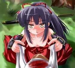 black_hair blush breasts bushidou_(sekaiju) clothing etrian_odyssey hakama japanese_clothes ponytail sarashi sekaiju_no_meikyuu small_breasts sword tied_hair topless tsuduri weapon