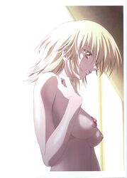 1girls blonde_hair breasts cagalli_yula_athha completely_nude female_only gundam gundam_seed highres indoors kawarajima_kou large_breasts nipples nude nude_female orange_eyes short_hair smile solo