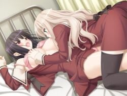 2girls bed black_hair blonde_hair blush breast_grab breast_sucking breasts female game_cg kawamura_reo long_hair multiple_girls panties peko red_eyes sawaguchi_mai school_uniform sono_hanabira_ni_kuchizuke_wo thighhighs underwear yuri