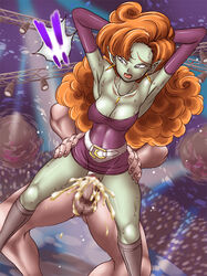 arms_behind arms_behind_back arms_behind_head arms_up blue_eyes boots breasts censored cleavage cum cum_inside dragon_ball dragon_ball_z earrings female gloves hair_on_head jewelry long_hair miniskirt necklace orange_hair panties penis pointy_ears pussy sex skirt standing takimoto_dojo underwear vaginal_penetration zangya zzz