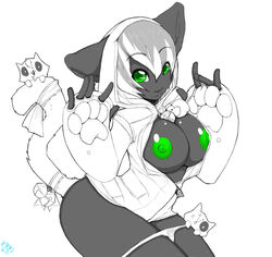 1girls animal_ears blazblue cat_ears cat_tail catgirl cute furry green_nipples hoodie monochrome nipples partially_colored taokaka underwear