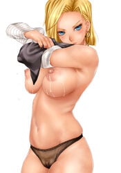 android_18 armpit_hair blonde_hair blue_eyes breasts dragon_ball dragon_ball_z female female_armpit_hair highres lactation large_breasts nipples panties pubic_hair puffy_nipples sakuradou see-through solo straight_hair sweat underwear undressing