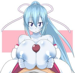 1girls aoi_(gegege_no_kitarou) blue_hair blue_skin blush breast_grab breasts censored female gegege_no_kitarou humanoid japanese_clothes large_breasts makarou male monster_girl paizuri penis straight youkai yuki_onna