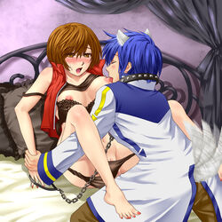 animal_ears blue_hair blush breast_sucking breasts brown_hair collar hamura_mayu highres kaito_(vocaloid) meiko nipples open_mouth pussy_juice spread_legs tail tongue vocaloid