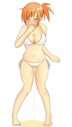 2009 bikini blush breasts cleavage closed_eyes curvy female female_only highres human human_only kasumi_(pokemon) large_breasts medium_breasts navel orange_hair peeing peeing_pants peeing_self pokemon pokemon_rgby riisu_(pixiv615394) side-tie_bikini solo straight_hair swimsuit tears wetting what white_bikini