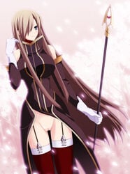 1girls blush bottomless breasts brown_hair cherry_blossoms detached_sleeves female garter_straps gloves green_eyes hair_over_one_eye large_breasts long_hair no_panties petals pink_background pussy red_legwear solo staff tales_of_(series) tales_of_the_abyss tear_grants thighhighs uncensored womi