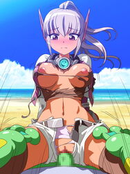 beach blush elf female highres monster phantasy_star sex straddle tan