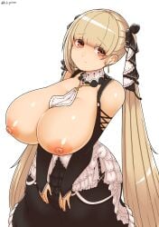 areolae asymmetrical_hair azur_lane bangs bare_shoulders black_dress blonde_female blonde_hair blunt_bangs breasts breasts_out bridal_gauntlets closed_mouth collar dress earrings eyebrows_visible_through_hair female formidable_(azur_lane) frilled_dress frills hair_ribbon haku_hakujou_daimaou highres huge_breasts jewelry long_hair nipples platinum_blonde_hair red_eyes ribbon simple_background solo twintails white_background