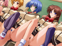 5girls blush breasts censored female female_only lineup multiple_girls no_panties pubic_hair pussy school_uniform skirt_lift smile source_request take_your_pick